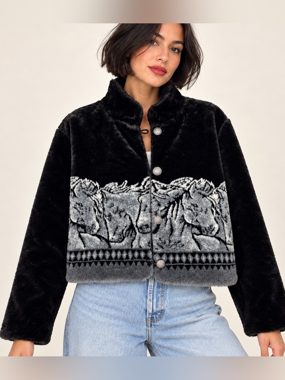 Outback trading co black  & Gray Horse Print Plush Cropped Jacket woman sz CL